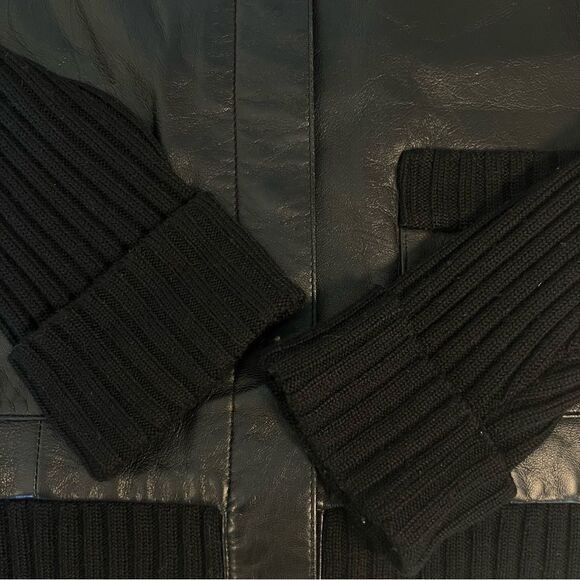 Context Womens Black Leather Wool Knit Cardigan Jacket Sz L Black Y2K Minimalist - Picture 9 of 11